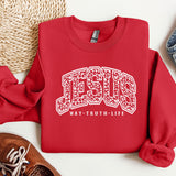 a red sweatshirt with the word jesus on it