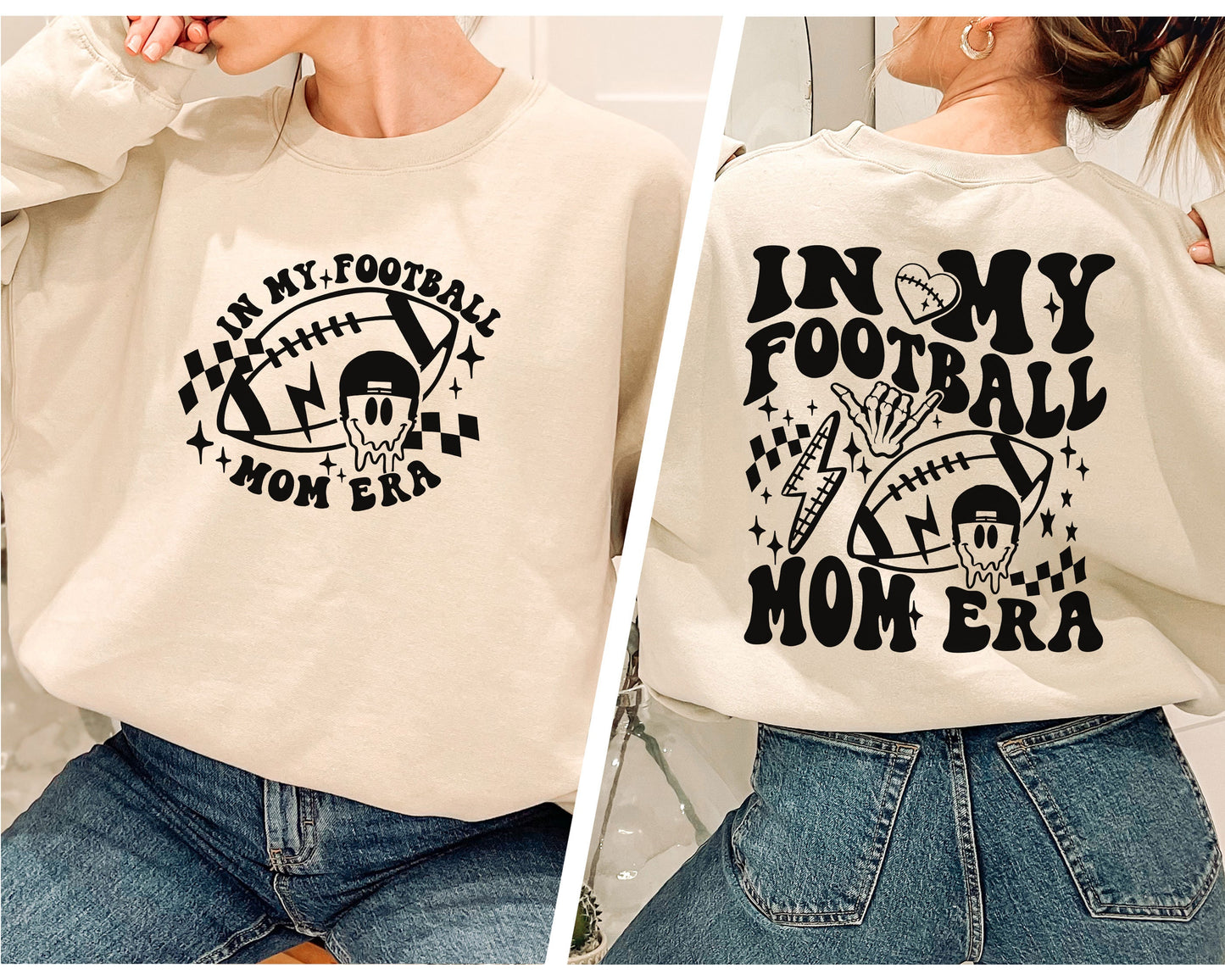 a woman wearing a sweatshirt that says in my football mom era