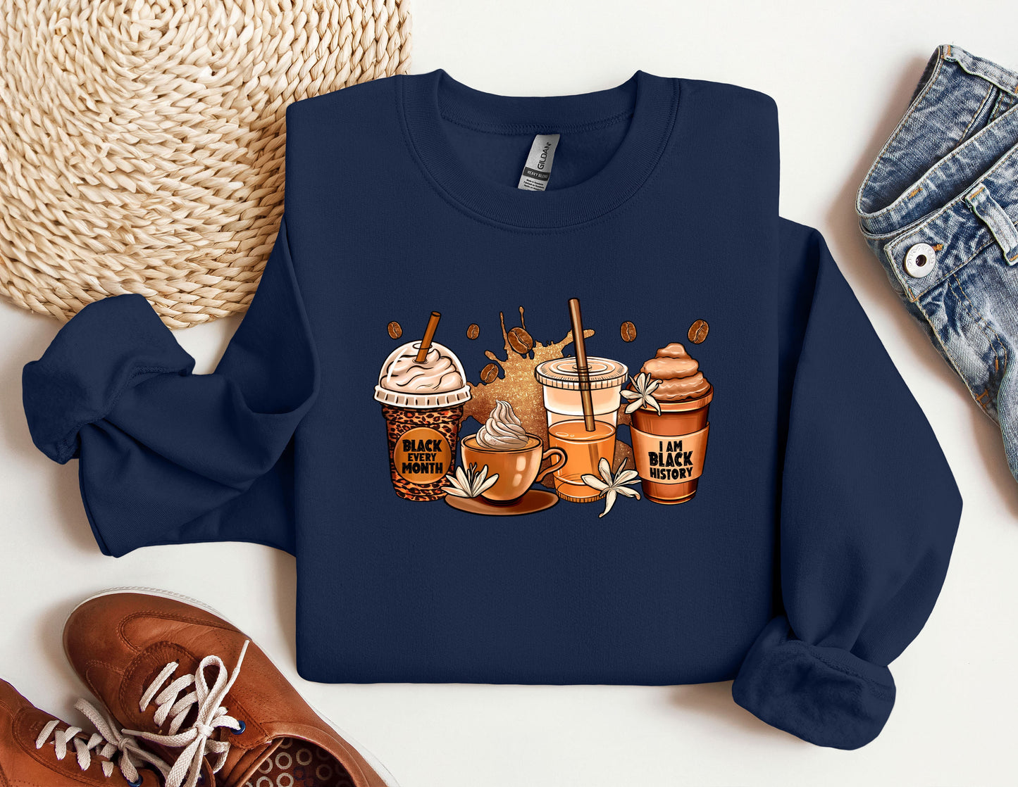 a blue sweatshirt with a picture of coffee and ice cream