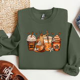 a green sweatshirt with a picture of coffee and ice cream