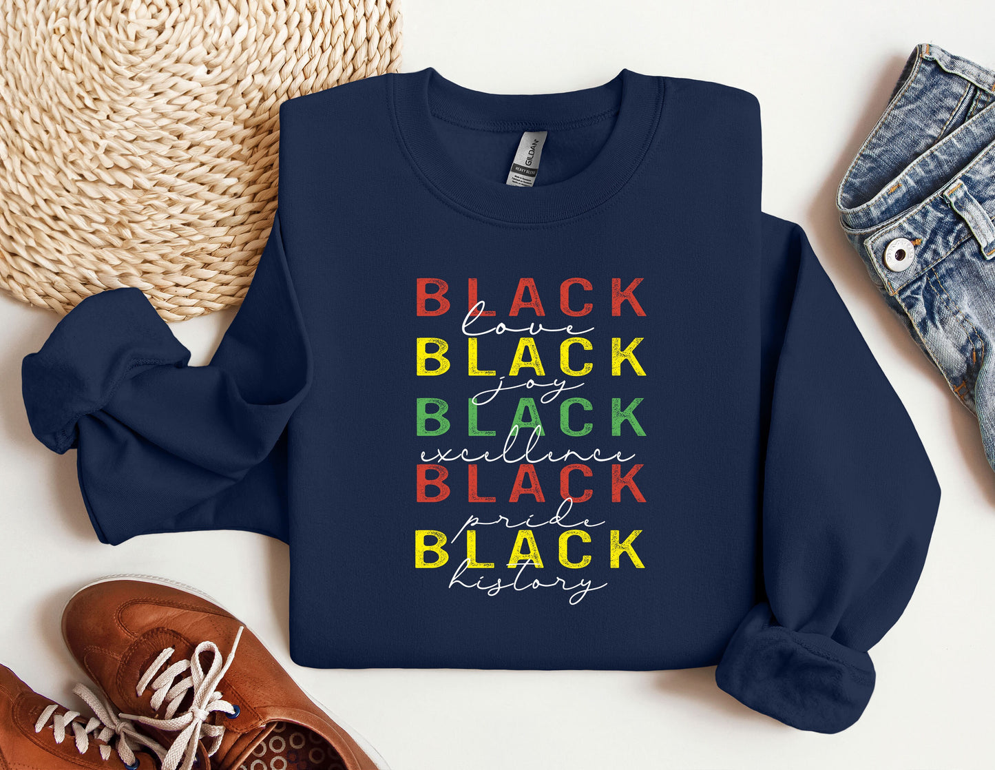 a blue sweatshirt with the words black on it