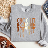 a gray sweatshirt with the words choclit 100 % meainn on it