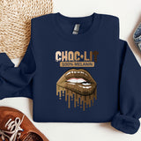 a blue shirt with a picture of a woman's mouth and the words cho