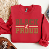 a red sweatshirt with the words black and proud on it