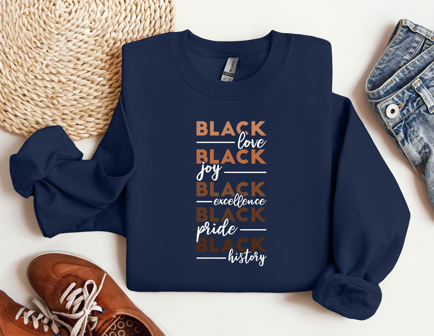 a blue sweatshirt with the words black love joy, joy, experience, pride,