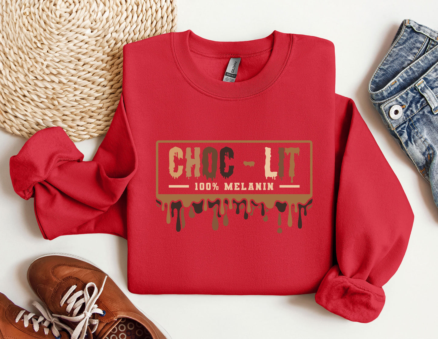 a red sweatshirt with the words choc - lit on it