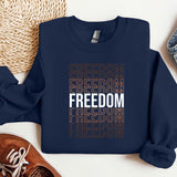 a blue sweatshirt with the words freedom and a pair of sneakers