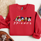 a red sweatshirt with mickey mouse and friends on it