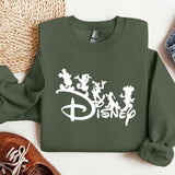 a green sweatshirt with disney characters on it