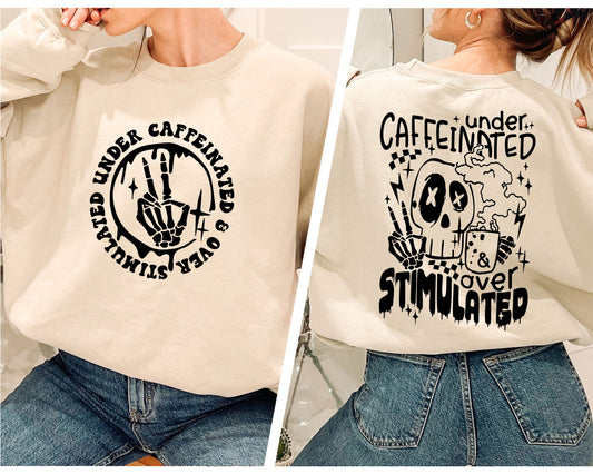 two pictures of a woman wearing a sweatshirt with a skeleton on it