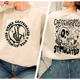 two pictures of a woman wearing a sweatshirt with a skeleton on it