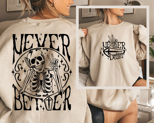 a woman wearing a sweater with a skeleton on it