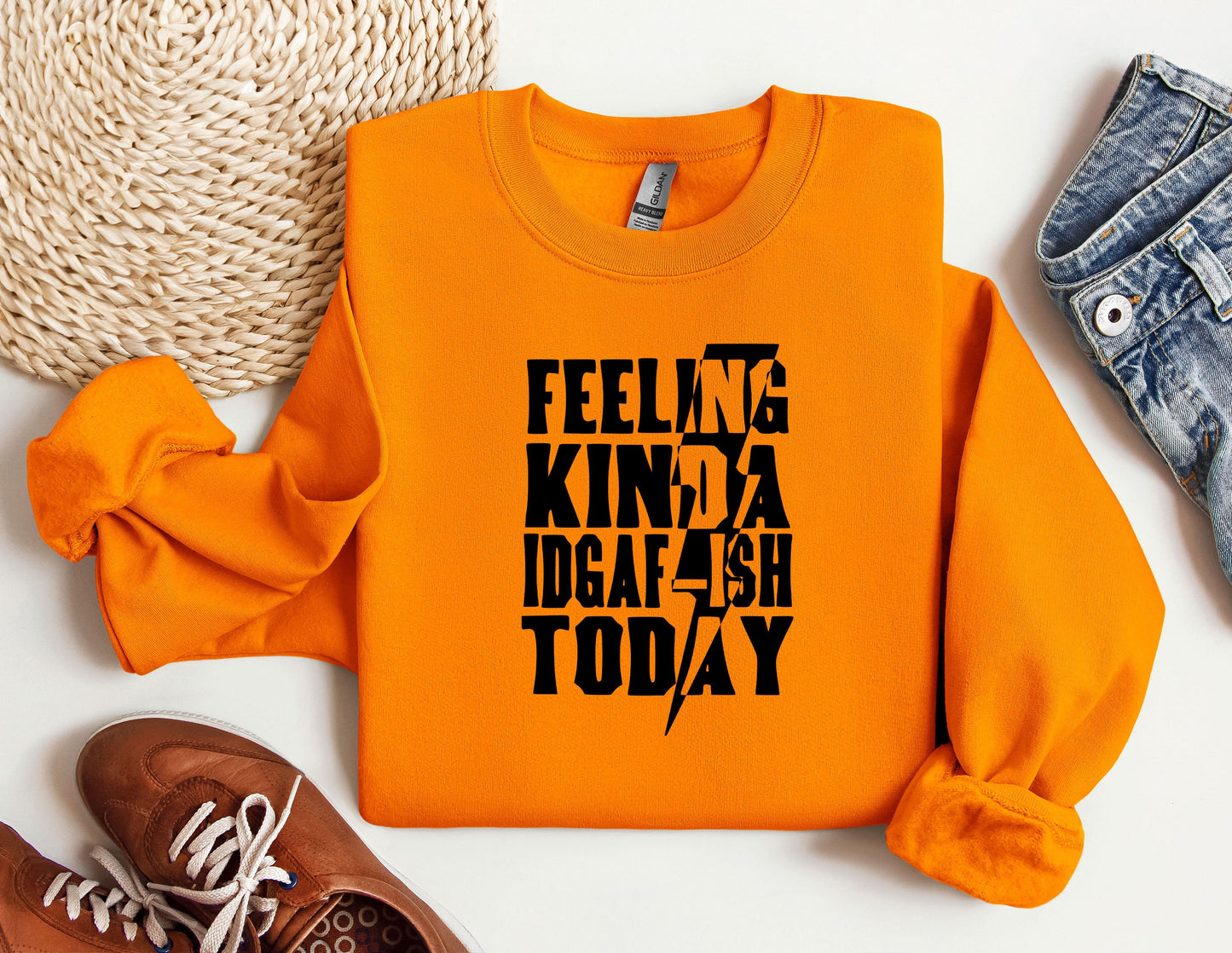 an orange sweatshirt with the words feeling kind of a big fish today on it