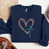 a blue sweatshirt with a heart and a cross on it