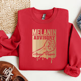 a red sweatshirt that says melanin advisory on it