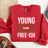 a red shirt that says young and black free - ish