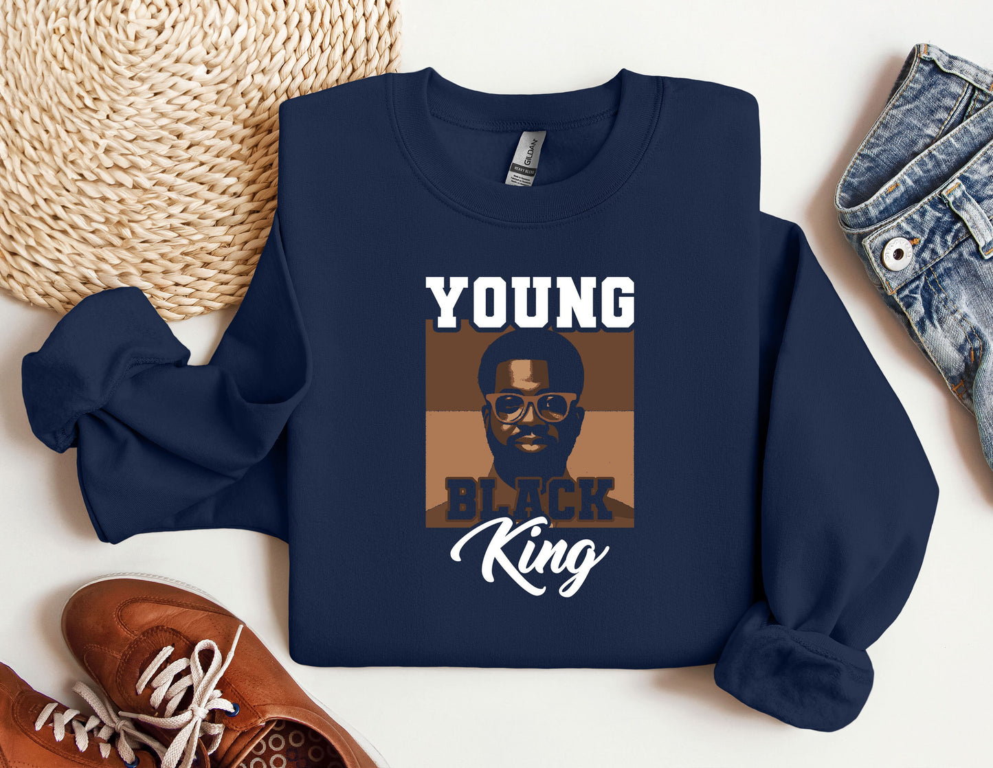 a blue sweatshirt with a picture of a black king on it