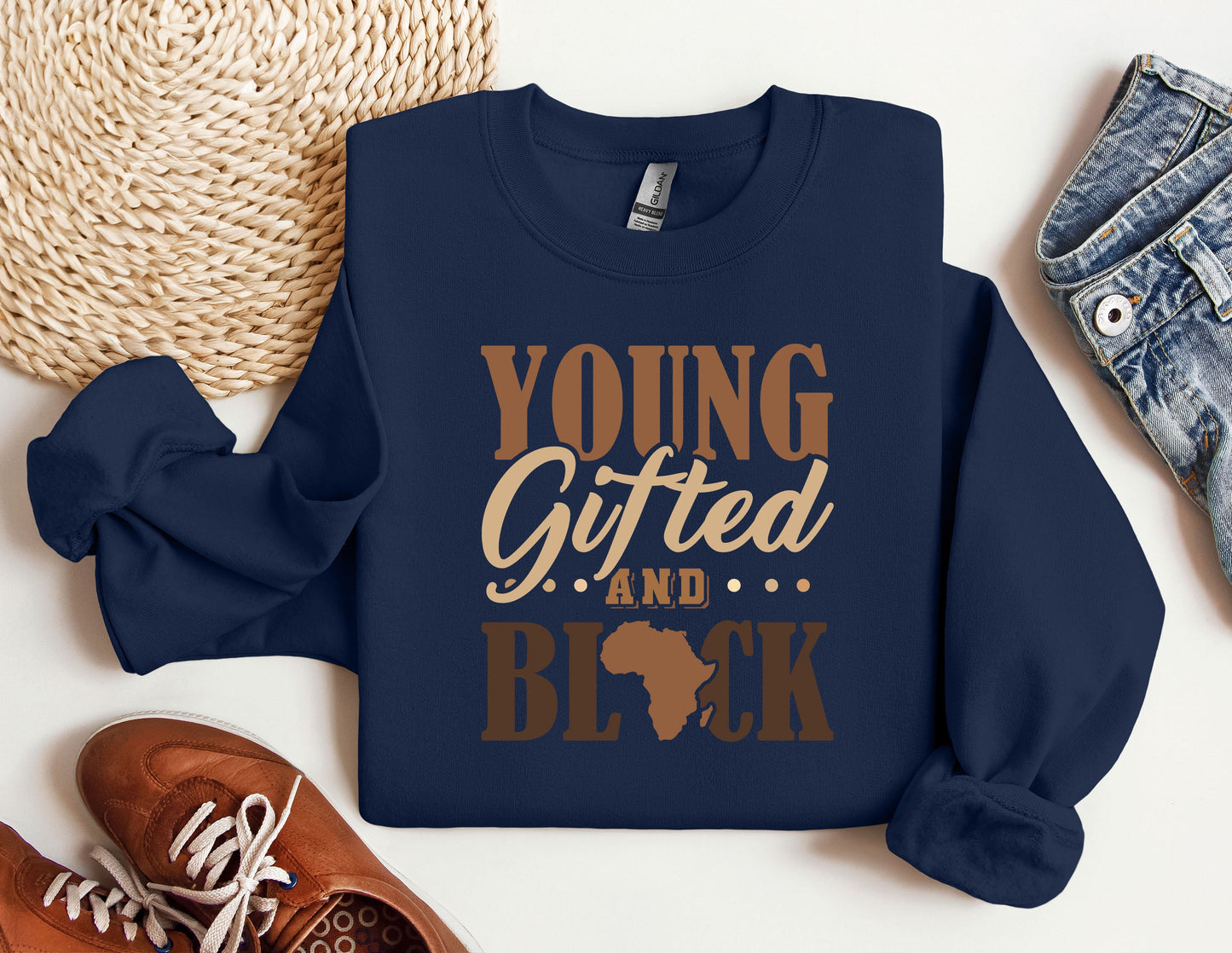 a blue sweatshirt with the words young, gifted and black on it