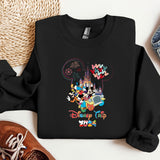 a black sweatshirt with a mickey mouse design on it