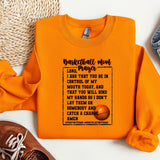 an orange sweatshirt with a basketball mom poem on it
