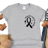 a gray shirt with a black ribbon on it
