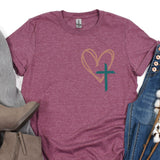a t - shirt with a heart and a cross on it
