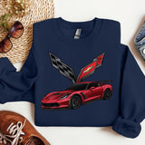 a blue sweatshirt with a red sports car on it