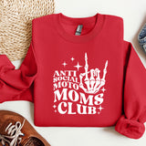 a red sweatshirt that says anti social moto moms club