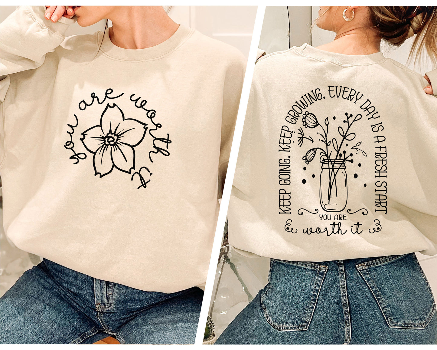 two pictures of a woman wearing a sweatshirt with flowers on it