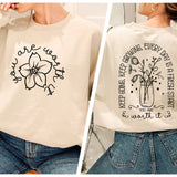 two pictures of a woman wearing a sweatshirt with flowers on it