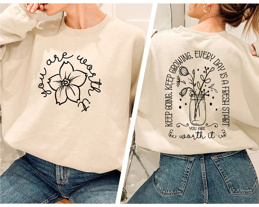 two pictures of a woman wearing a sweatshirt with flowers on it