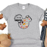 a gray shirt with mickey mouse for the snacks on it