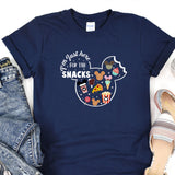 a mickey mouse shirt that says i'm just here for the snacks