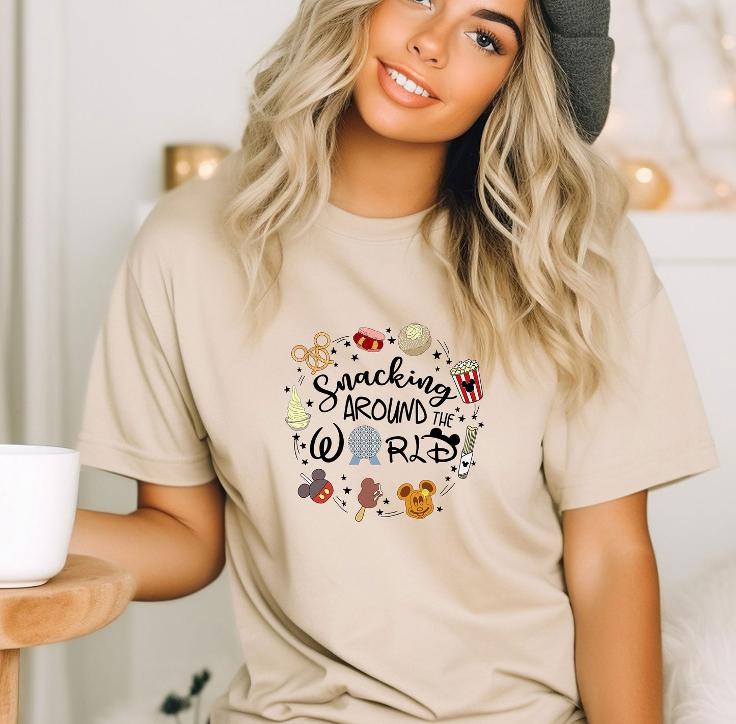 a woman wearing a t - shirt that says something around the world