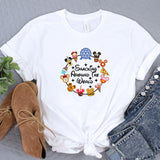 a white shirt with mickey mouses around the world on it