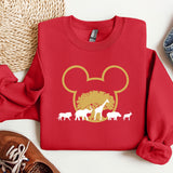 a red mickey mouse shirt with animals on it
