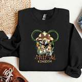 a black sweatshirt with mickey mouse and friends on it