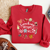 a red sweatshirt with a mickey mouse design on it