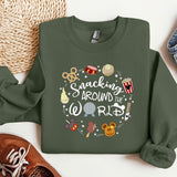 a green sweatshirt with mickey mouse and other items