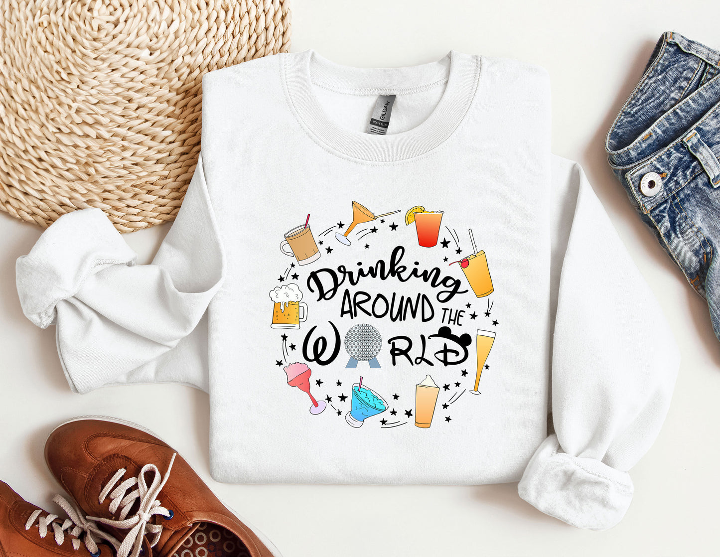 a white sweatshirt with the words drinking around the world on it