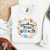 a white sweatshirt with the words drinking around the world on it