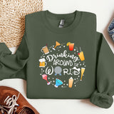 a green sweatshirt that says drink around the world