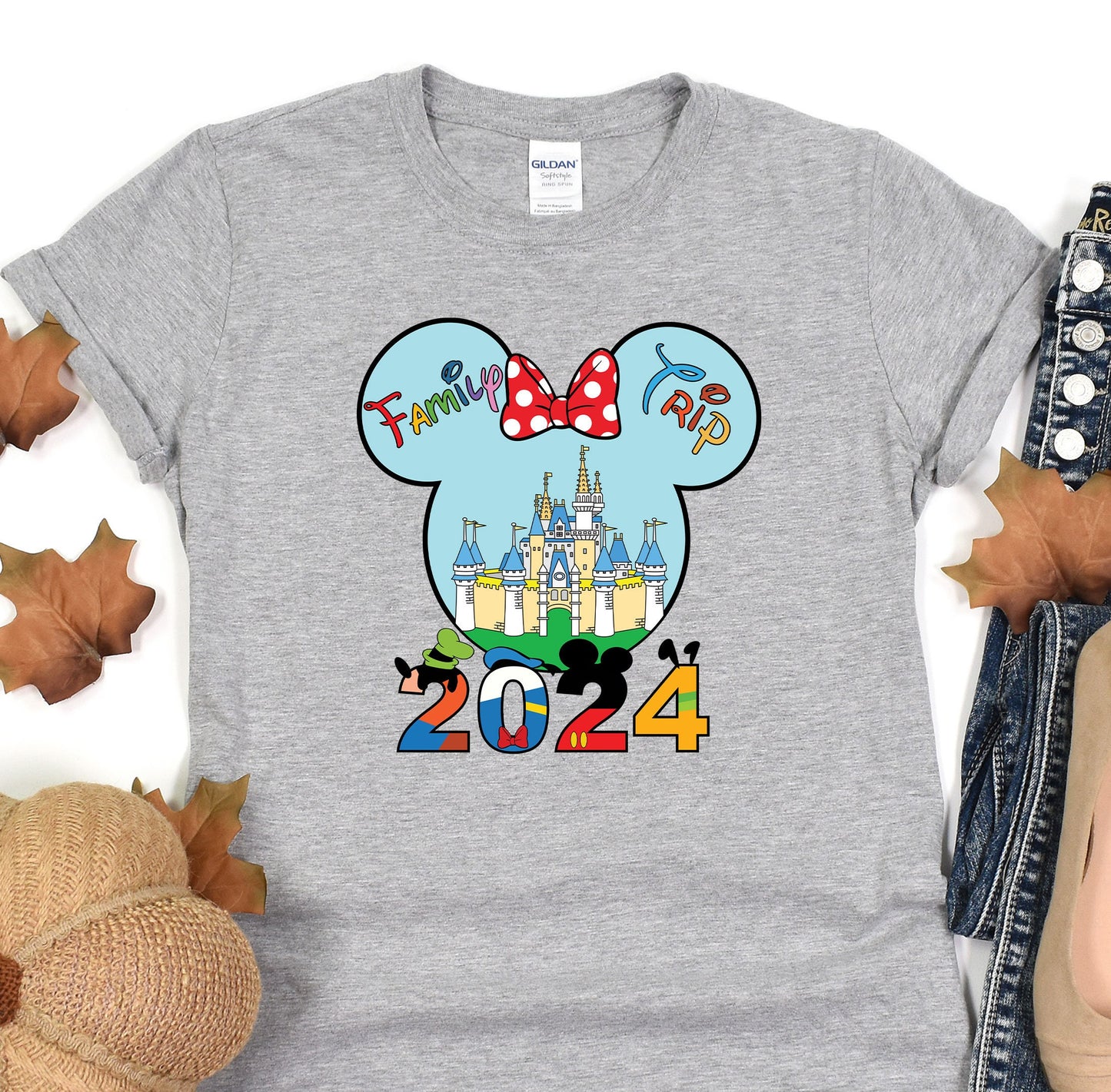 a gray shirt with a mickey mouse on it