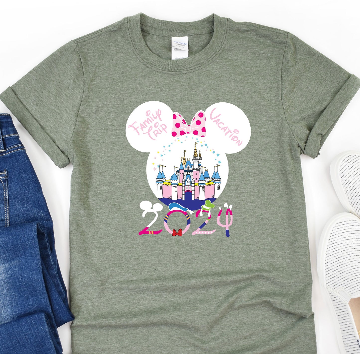 a gray shirt with a minnie mouse design on it