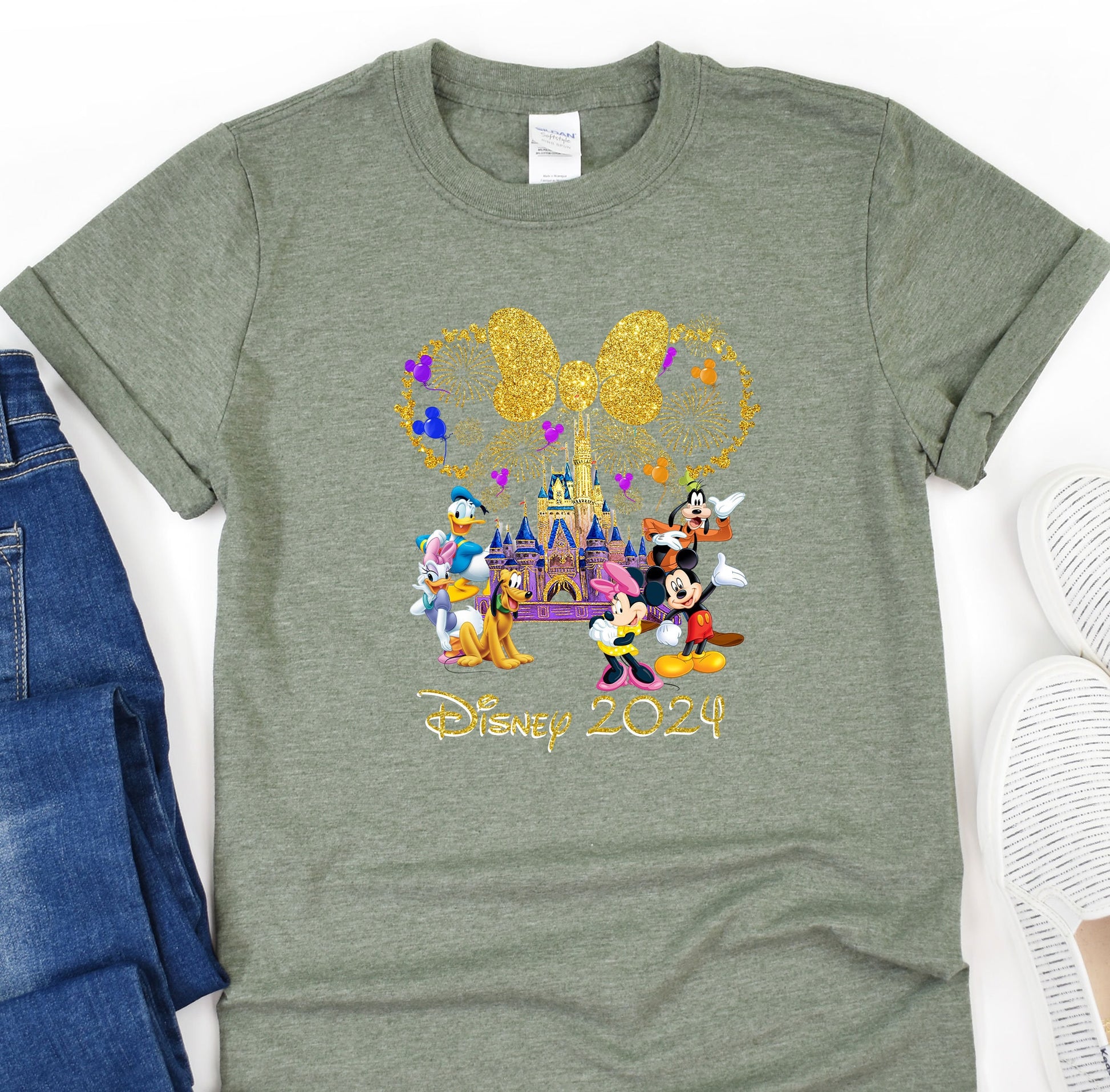 a mickey mouse shirt with mickey mouse and friends on it