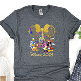 a gray shirt with mickey mouse and friends on it