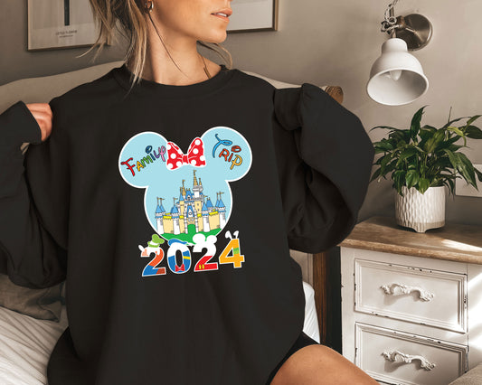 a woman wearing a black mickey mouse shirt