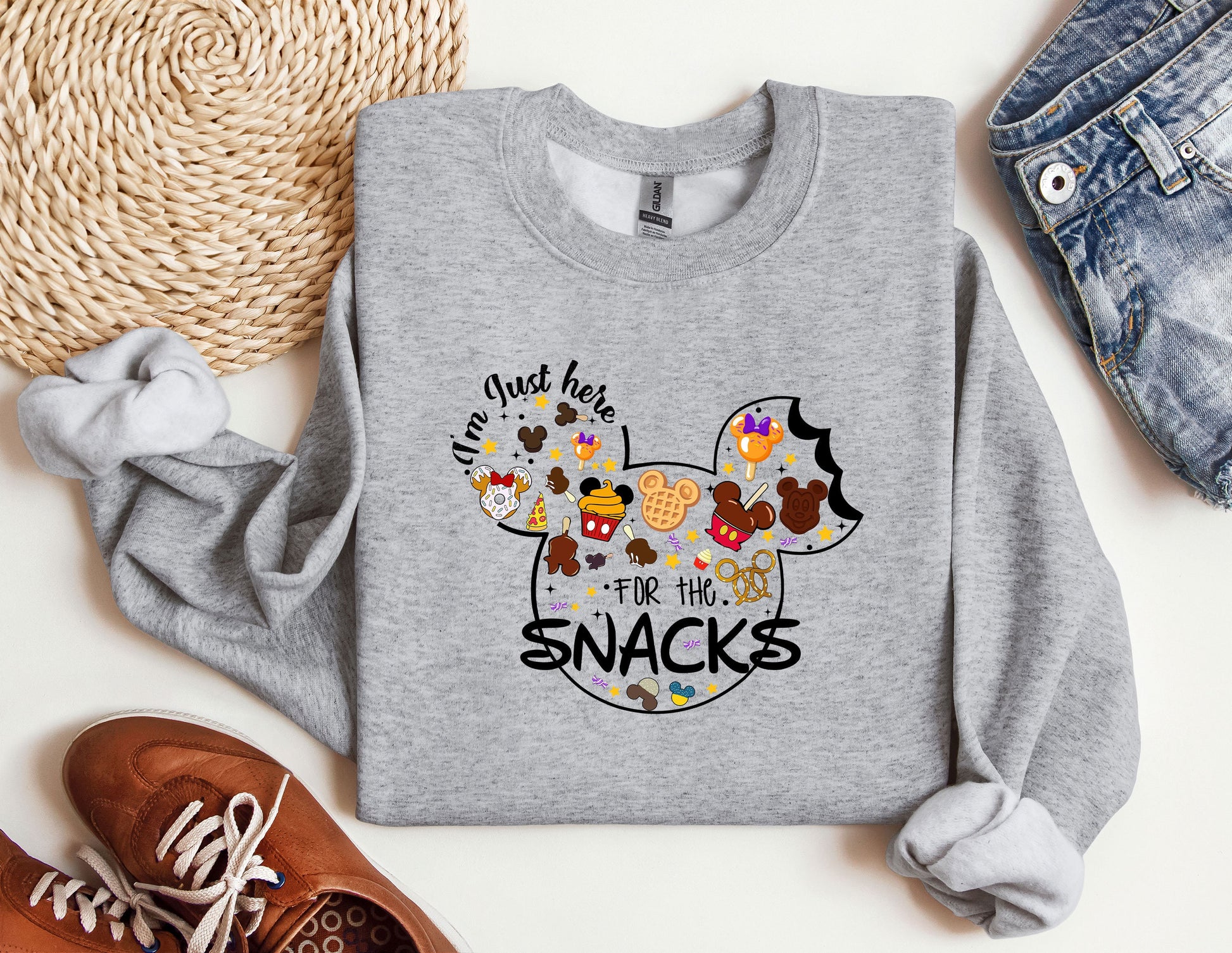 a mickey mouse shirt with the words i&#39;m just here for the snacks