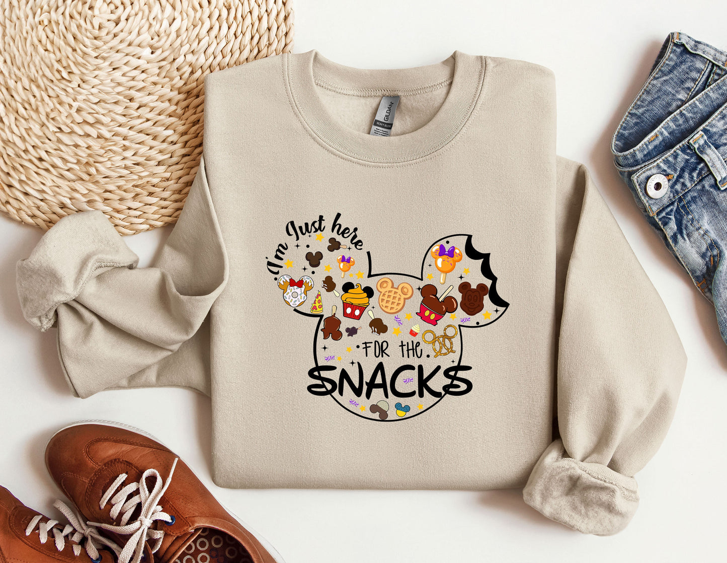 a mickey mouse shirt with the words i&#39;m just here for the snacks