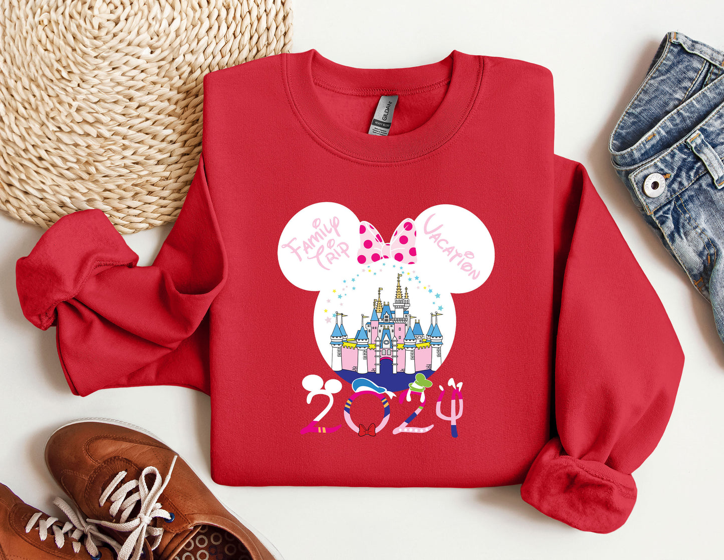 a red shirt with a minnie mouse design on it